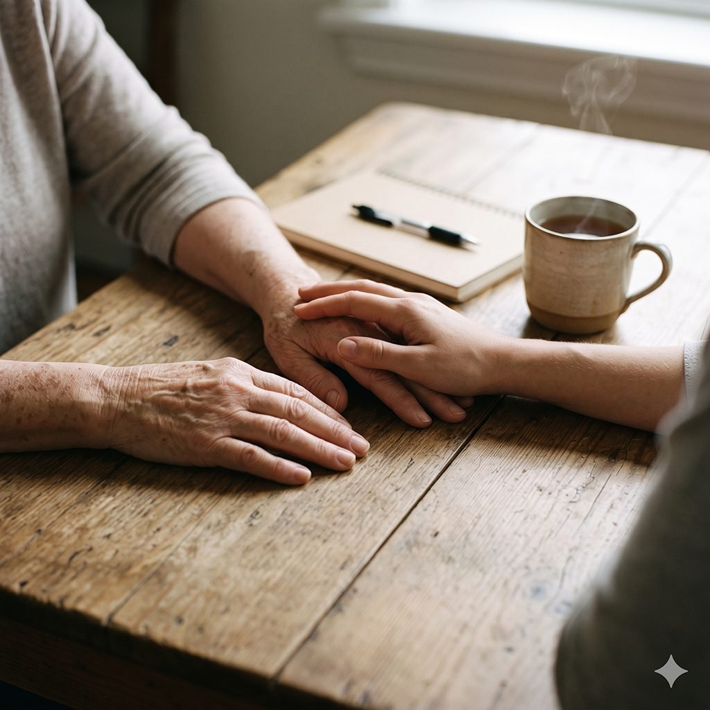 Two hands resting together on a wooden table beside a cup of tea and a notebook.