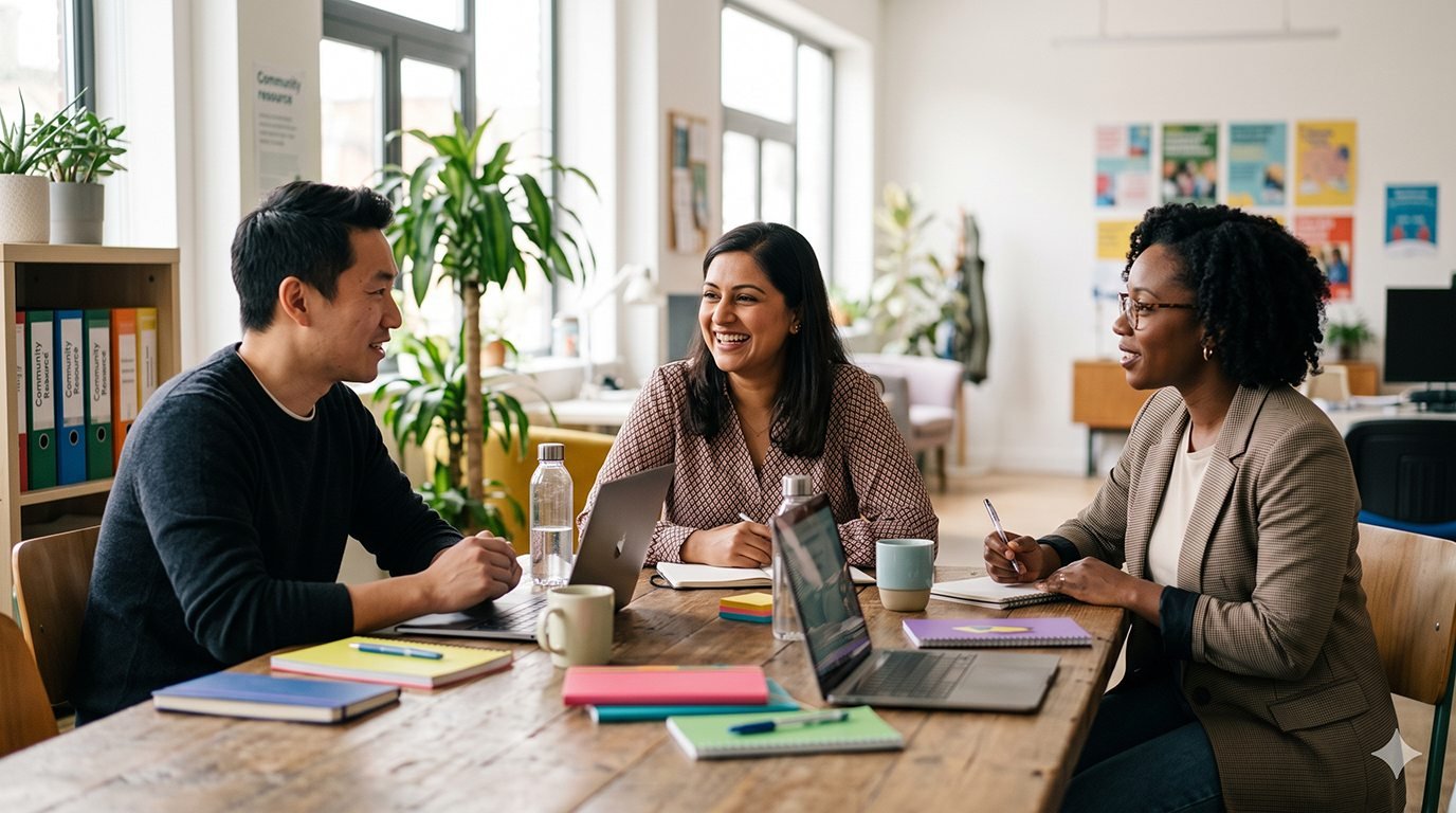 Three colleagues chatting warmly around a table in a bright community office.