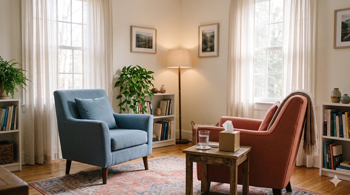 A calm counselling room with two armchairs, soft light and a plant.