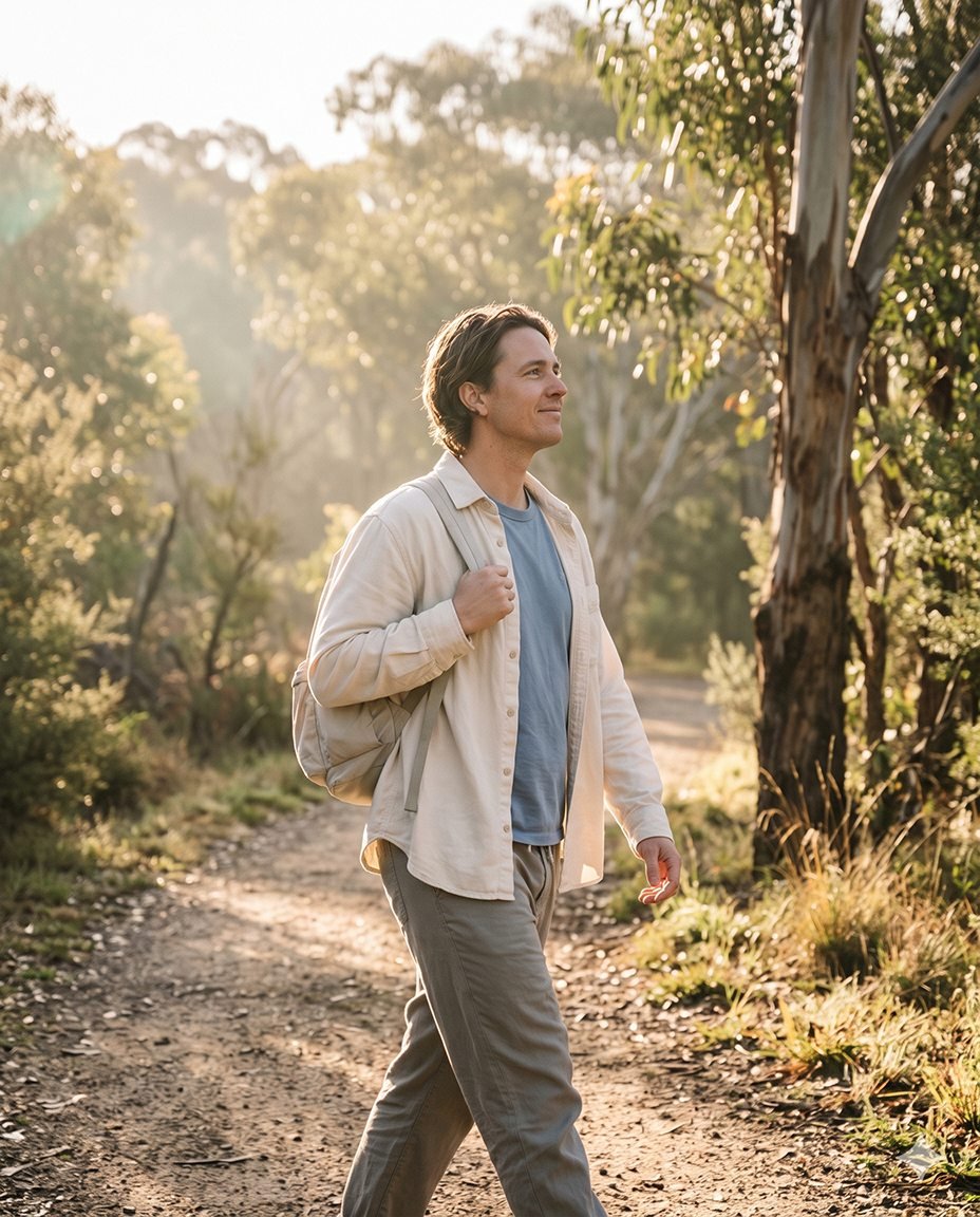 A person walking along a sunlit bush track in the early morning, looking ahead.