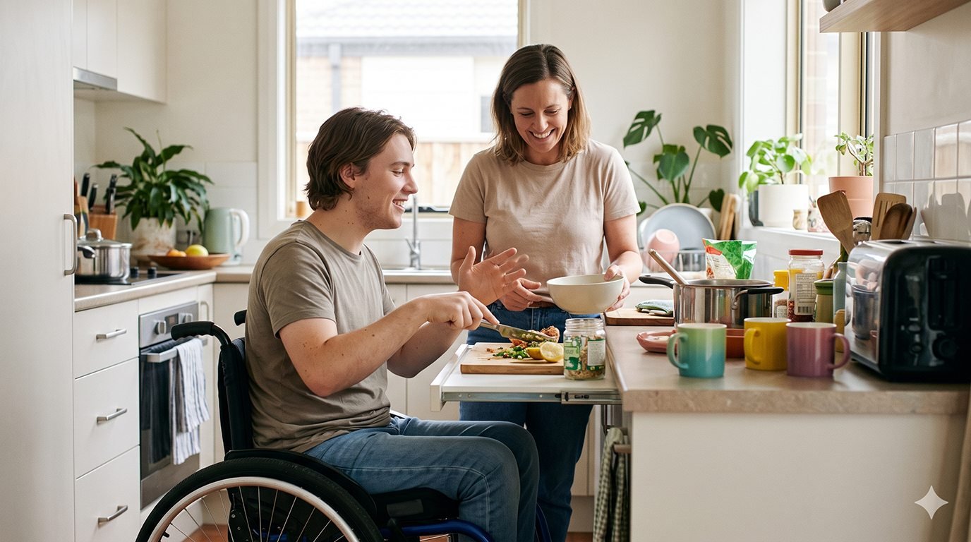 A support worker and a participant in a wheelchair preparing food together in a kitchen, both smiling.
