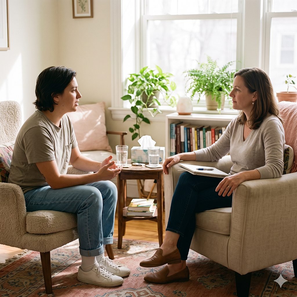 A social worker and a client talking together in a warm, light-filled room.
